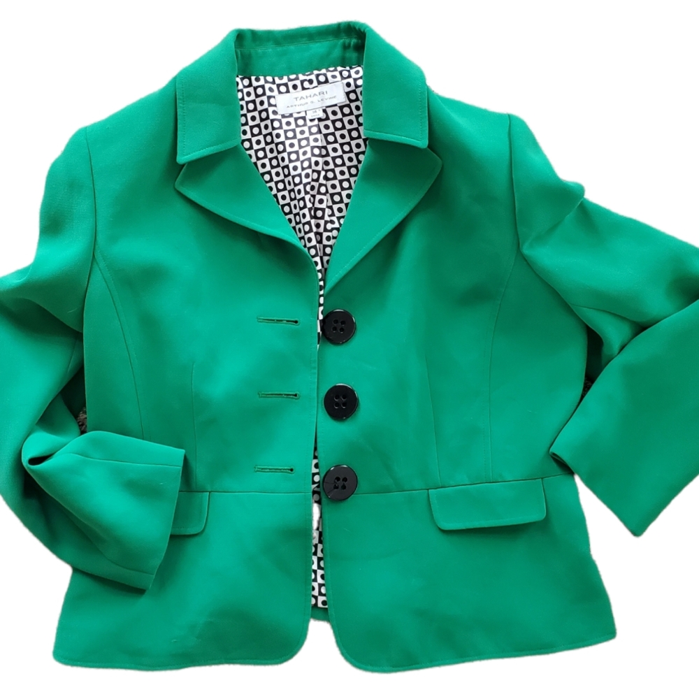 Tahari green blazer jacket button up bright summer coat suit size 14
